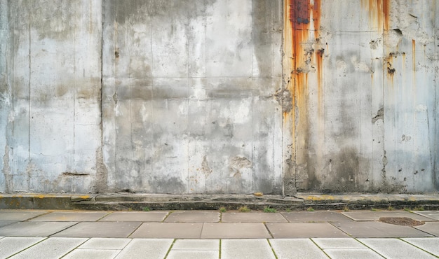 Foto el pavimento antes de la pared gruesa con manchas y texturas de óxido que hablan de la decadencia urbana y el paso del tiempo el contraste entre la acera y la pared destaca la negligencia