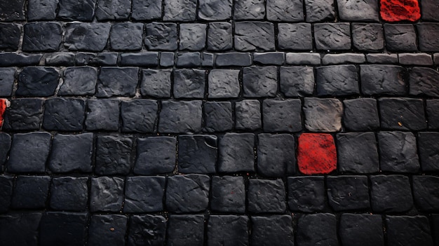 Pavimento de calle de adoquines negros con vista superior de bloques rojos