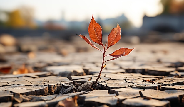 Foto pavimento seco agrietado con hojas de otoño generadas por ia