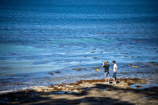 Foto pavimento teselado en tasmania australia con turistas explorando el parque