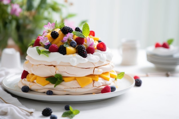 Pavlova de frutas frescas con crema batida y frutos rojosxA