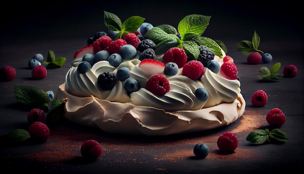 Pavlova-Kuchen mit frischen Beeren und Minze auf dunklem Hintergrundgenerative ai