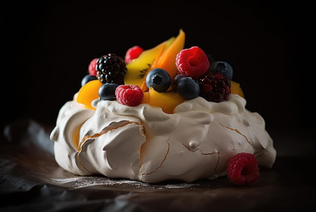 Pavlova-Kuchen Weiße Meringuen Dessert Meringue mit Beeren und Früchten Pavlova-Torte auf dunklem Hintergrund Abstrakt Generative KI-Illustration