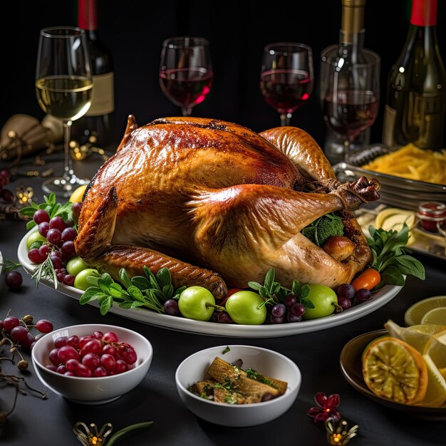 Foto el pavo de acción de gracias en la mesa de la cocina fotografía de comida ia