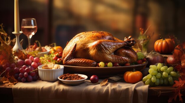 Pavo de acción de gracias en una mesa de madera para cenar en el día de acción de gracias