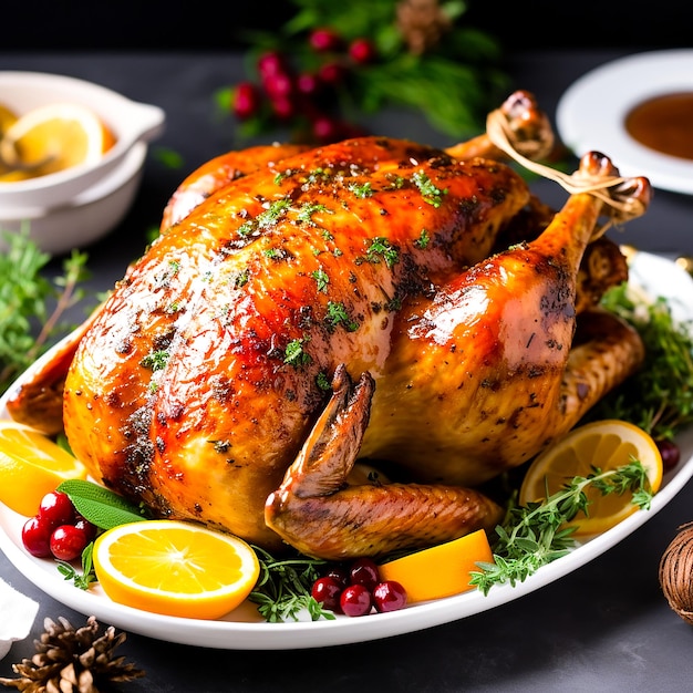 Pavo asado casero en una mesa de madera rústica generada por IA