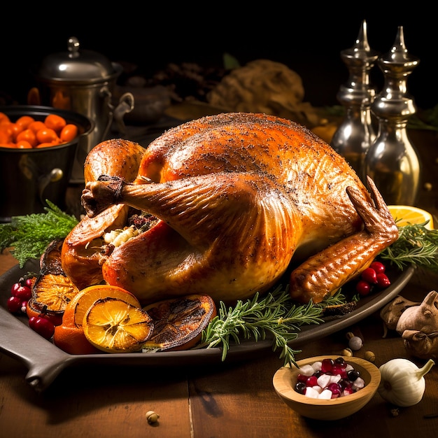 Pavo asado casero en una mesa de madera rústica generada por IA