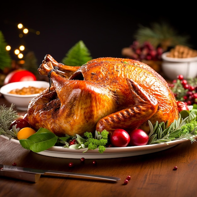 Pavo asado casero en una mesa de madera rústica generada por IA