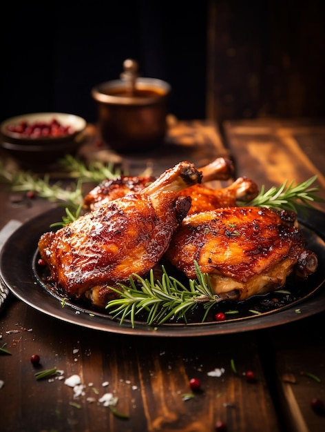 Pavo asado para la cena de Acción de Gracias sobre fondo oscuro de mesa de madera