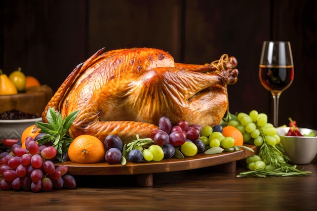 El pavo asado de Navidad con arándanos y naranjas en una mesa de madera rústica