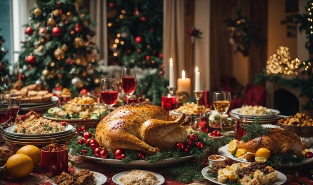 Pavo asado navideño con arándanos y naranjas sobre una mesa rústica de madera