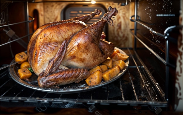 Un pavo asado con patatas en el horno.