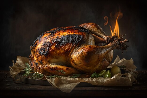 Un pavo asado en un plato con un fondo naranja quemado.