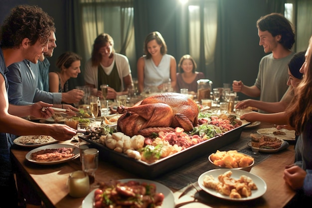 El pavo asado en primer plano y la familia en la mesa en el fondo