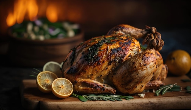 Un pavo asado en una tabla para cortar con un tazón de ensalada al fondo