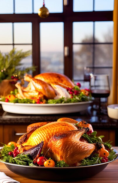 Foto el pavo asado de las vacaciones familiares en una bandeja en la cocina generado por la ia