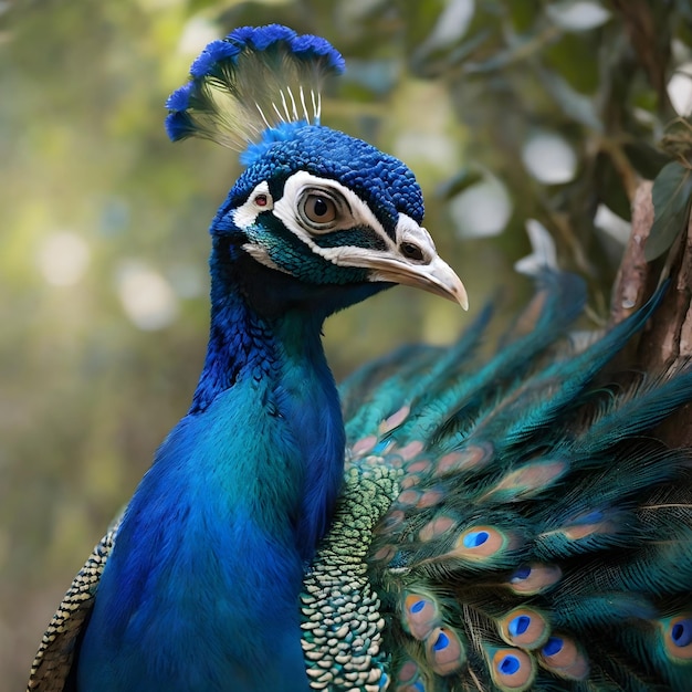 El pavo azul macho descansando con elegancia