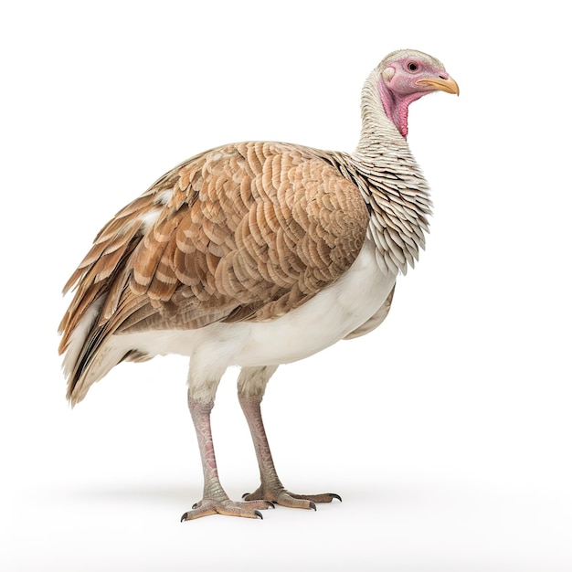 Un pavo con la cabeza roja y el vientre blanco está parado frente a un fondo blanco.