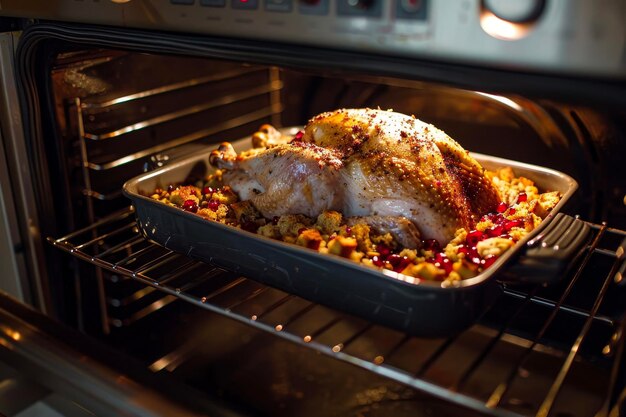 Un pavo descansando en el horno con relleno de salsa de arándano y salsa