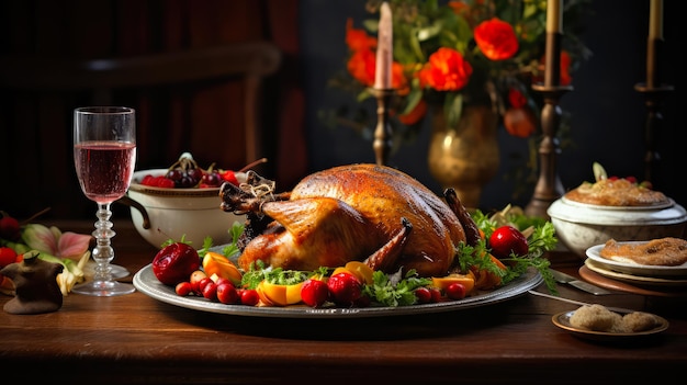 Pavo entero de Acción de Gracias a la parrilla y platos que complementan el plato principal en una mesa de comedor de madera