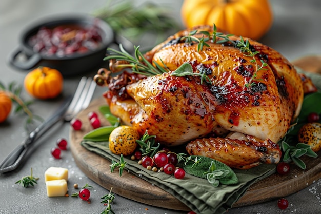 un pavo está en un plato con una calabaza y un cuchillo