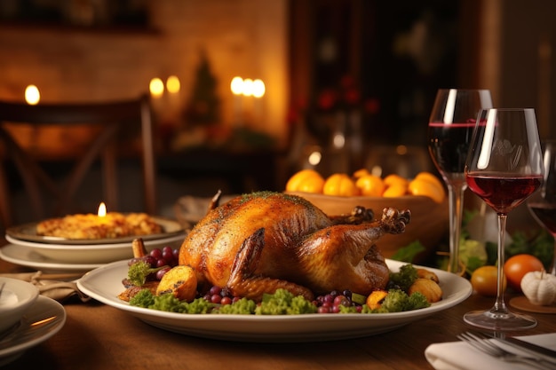 Pavo de Navidad o Acción de Gracias con guarnición en una mesa decorada de forma festiva