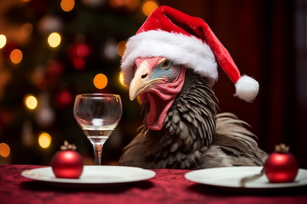 Un pavo navideño con un gorro de Papá Noel se sentó en una mesa festiva con un plato vacío