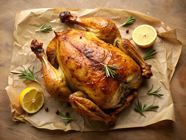 Foto un pavo está en un papel con un limón y agujas de pino