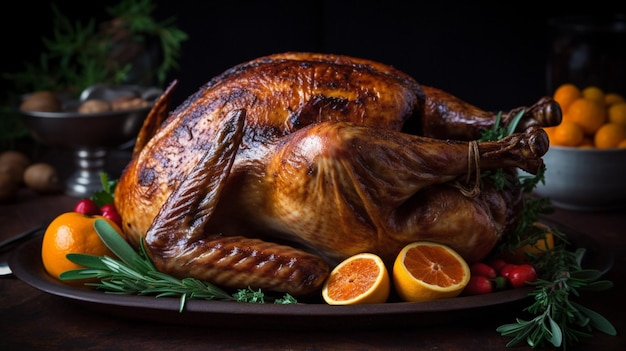 Un pavo en un plato con frutas y verduras