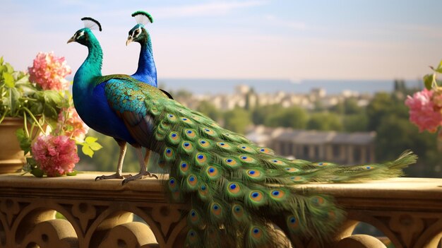 Un pavo real adornado con plumas verdes vívidas y brillantes se encuentra orgullosamente en una cornisa mostrando