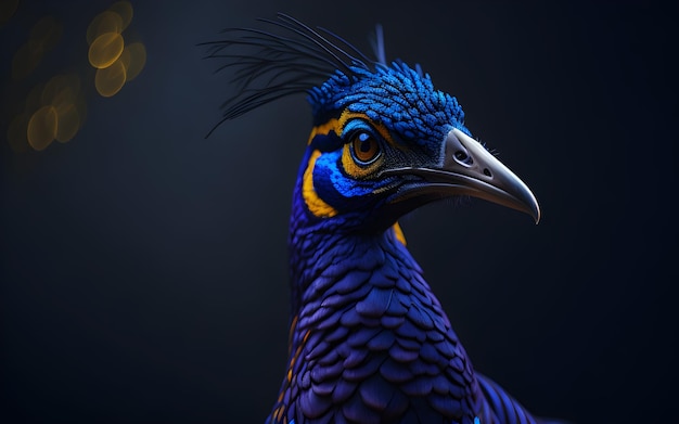 Un pavo real azul y amarillo con un fondo negro.