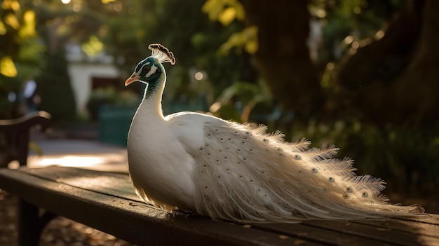 Un pavo real blanco se sienta en un banco del parque al sol