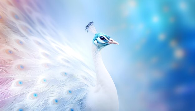 Un pavo real blanco sobre un fondo azul borroso