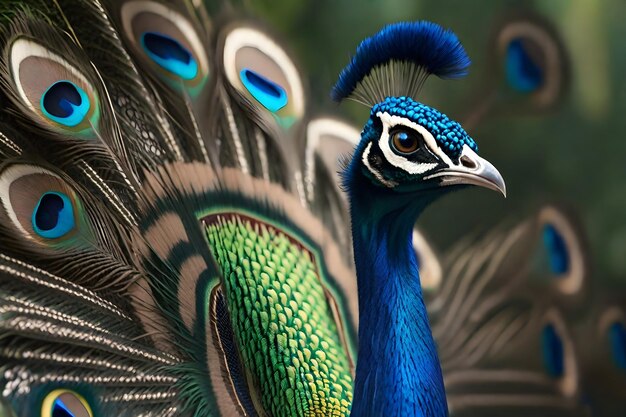 un pavo real con una cabeza azul y una cabeza azul con una cabeza de plumas azules y verdes