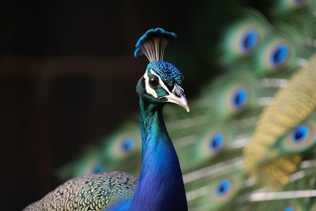 Un pavo real con cabeza azul y plumas verdes.