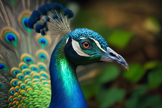 Un pavo real con cabeza azul y verde y plumas azules.