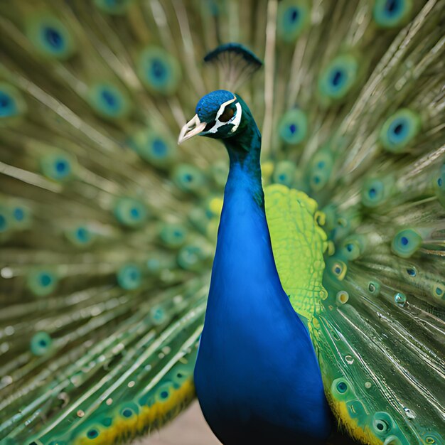 un pavo real con una cola azul y un cuerpo verde y azul