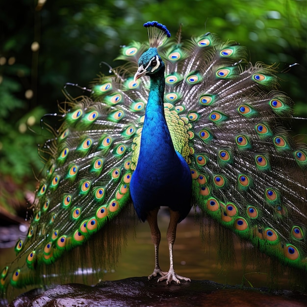 un pavo real con una cola azul está de pie frente a un estanque