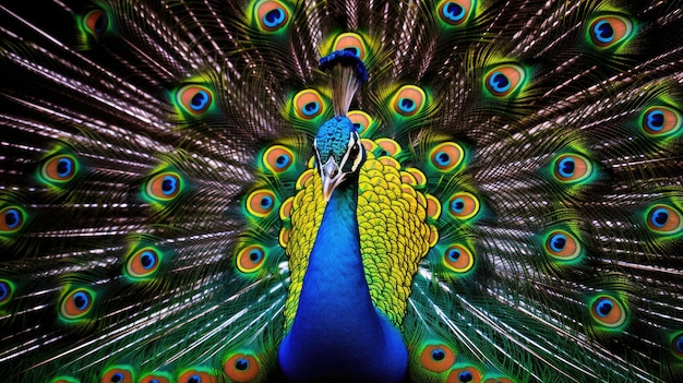 un pavo real con una cola azul se muestra con un fondo de plumas de pavo real.