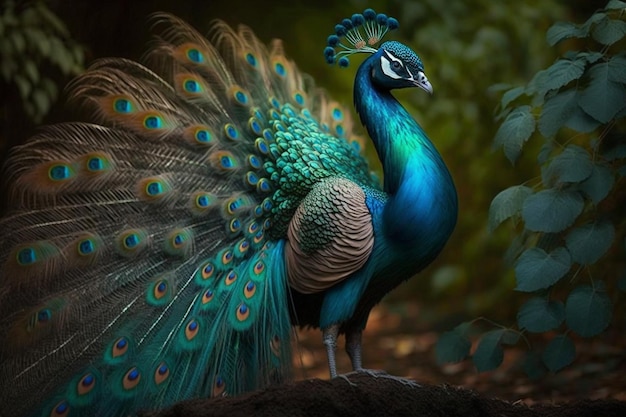 Un pavo real con cola azul y plumas verdes.