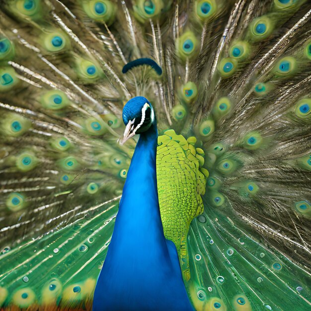 un pavo real con una cola azul que dice pavo real en él