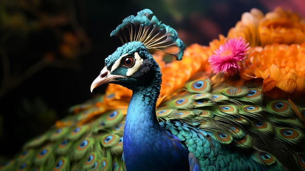 Un pavo real con una cola colorida se muestra con un fondo verde