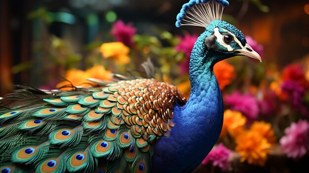 Un pavo real con una cola colorida se muestra con un fondo verde