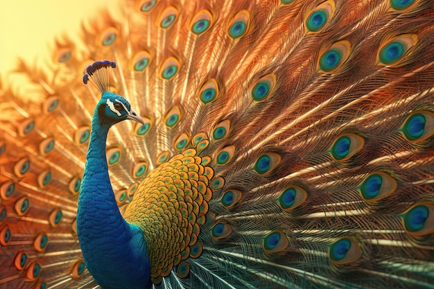 Un pavo real con una cola colorida que está al lado de un fondo amarillo.