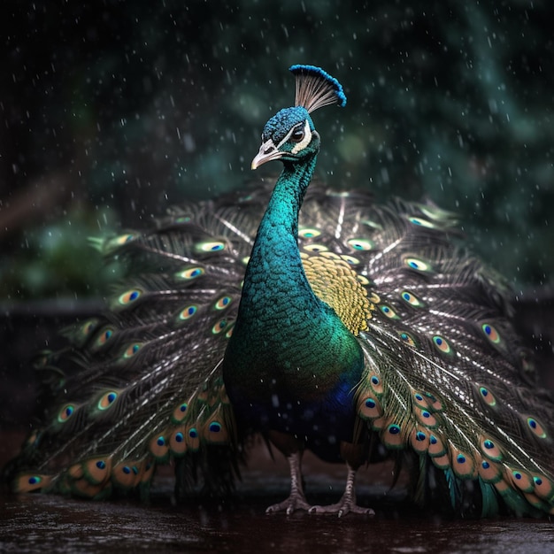 Un pavo real con cola verde se para bajo la lluvia.