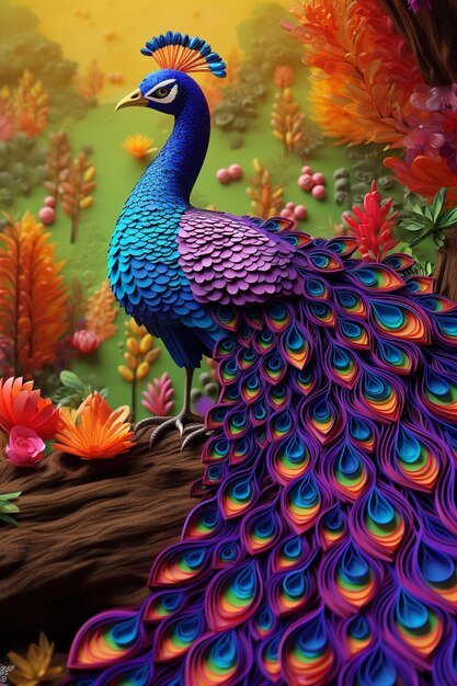 Pavo real de colores brillantes parado en una rama de árbol en un colorido jardín generativo ai