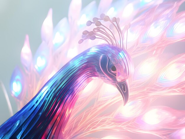 Pavo real con coloridas plumas de cristal en el fondo blanco Ilustración 3D