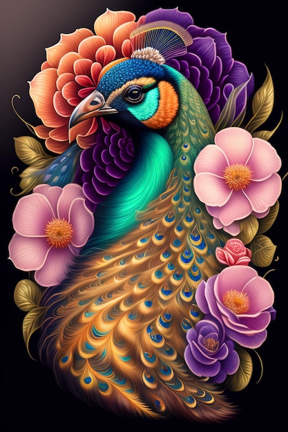 Un pavo real colorido con flores y un fondo negro.