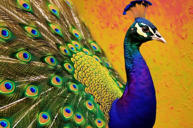 Un pavo real colorido con un fondo amarillo y una cola azul.