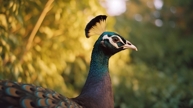 Un pavo real con una corona azul en la cabeza.